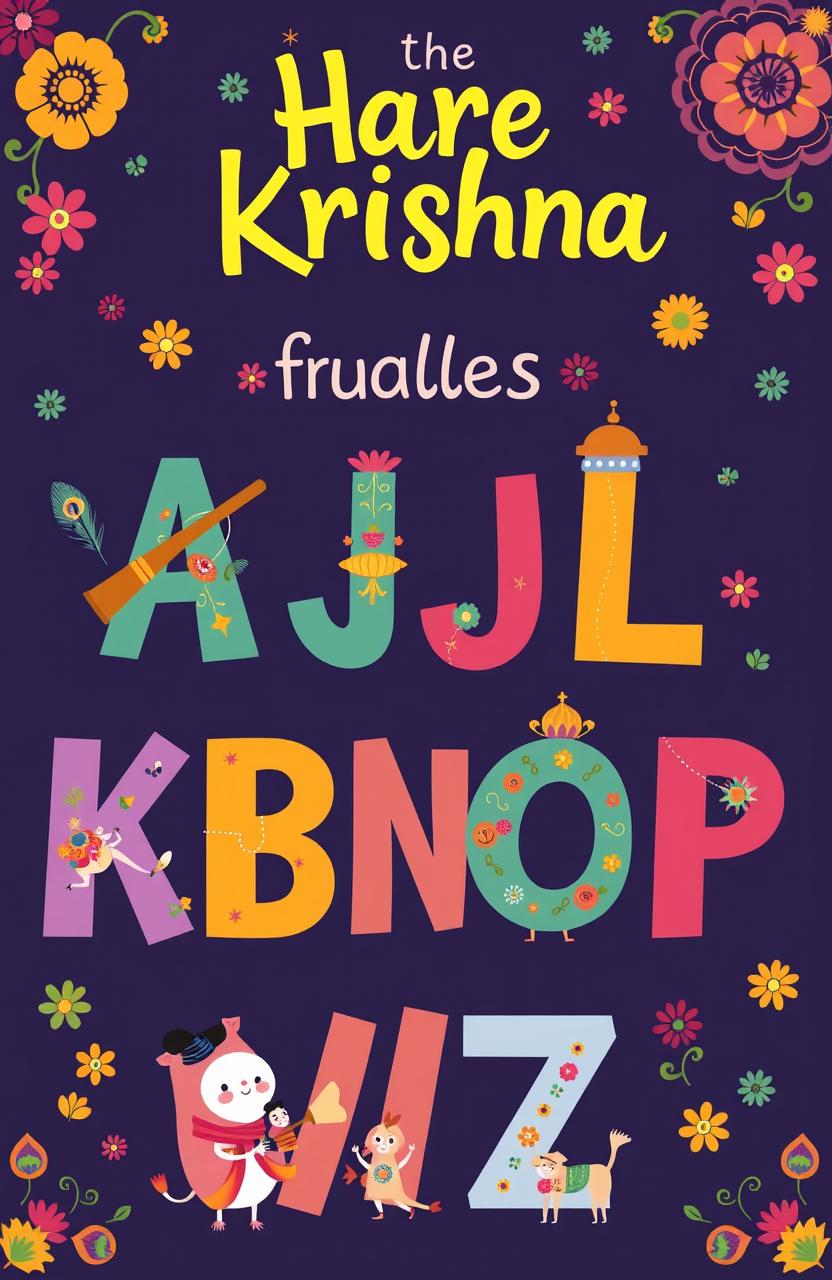 A whimsical and colorful illustration representing the ABCs with a Hare Krishna theme