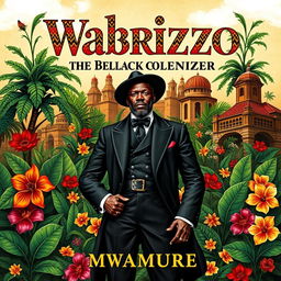 A striking book cover for 'Wabrizzo the Black Colonizer' by Mwamure, featuring a powerful and charismatic black character dressed in colonial attire, standing confidently amidst a vibrant landscape that represents both African and colonial influences