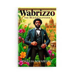 A striking book cover for 'Wabrizzo the Black Colonizer' by Mwamure, featuring a powerful and charismatic black character dressed in colonial attire, standing confidently amidst a vibrant landscape that represents both African and colonial influences