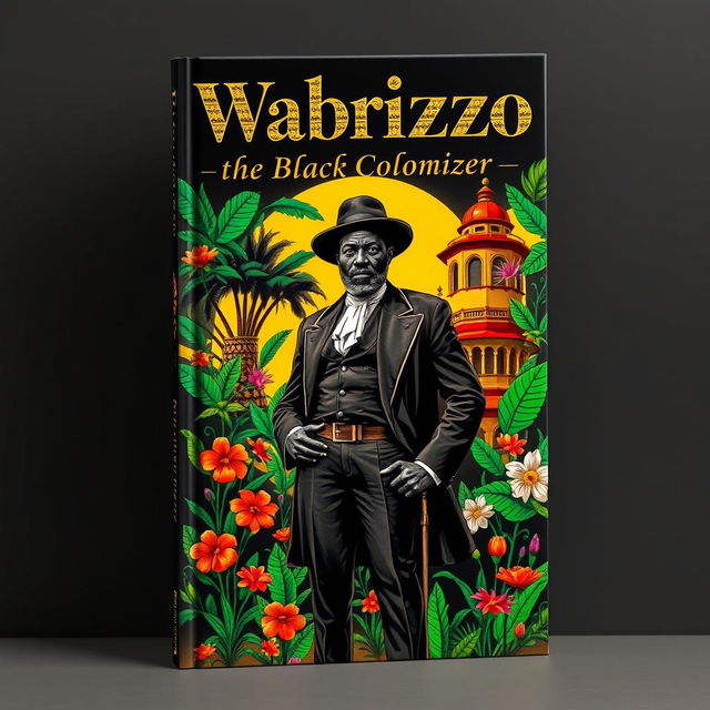 A striking book cover for 'Wabrizzo the Black Colonizer' by Mwamure, featuring a powerful and charismatic black character dressed in colonial attire, standing confidently amidst a vibrant landscape that represents both African and colonial influences