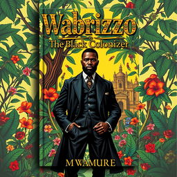 A striking book cover for 'Wabrizzo the Black Colonizer' by Mwamure, featuring a powerful and charismatic black character dressed in colonial attire, standing confidently amidst a vibrant landscape that represents both African and colonial influences