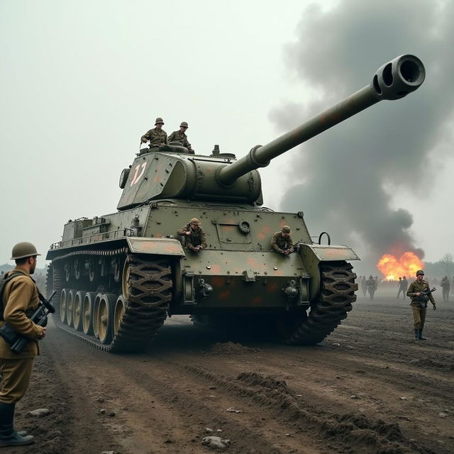 A historical depiction of the largest tank in the world from the 1940s, set in a dramatic battlefield environment