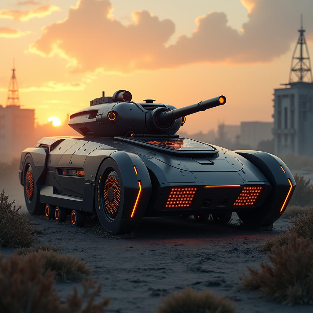 An imaginative exploration of a futuristic nuclear-powered tank, featuring sleek, aerodynamic lines and a modern design