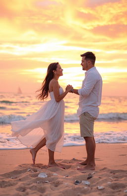 A romantic scene set during a breathtaking sunset, featuring two lovers holding hands on a beach with soft waves gently lapping at their feet