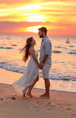 A romantic scene set during a breathtaking sunset, featuring two lovers holding hands on a beach with soft waves gently lapping at their feet