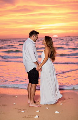 A romantic scene set during a breathtaking sunset, featuring two lovers holding hands on a beach with soft waves gently lapping at their feet