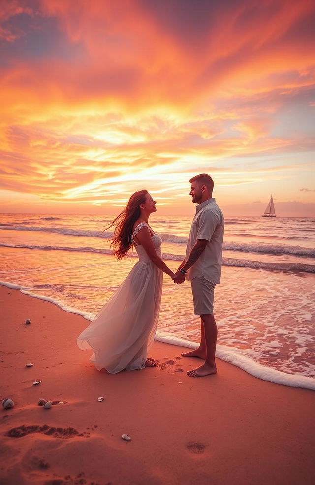 A romantic scene set during a breathtaking sunset, featuring two lovers holding hands on a beach with soft waves gently lapping at their feet