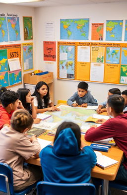 A captivating classroom scene showcasing students engrossed in a group project for SST (Social Studies Teamwork)