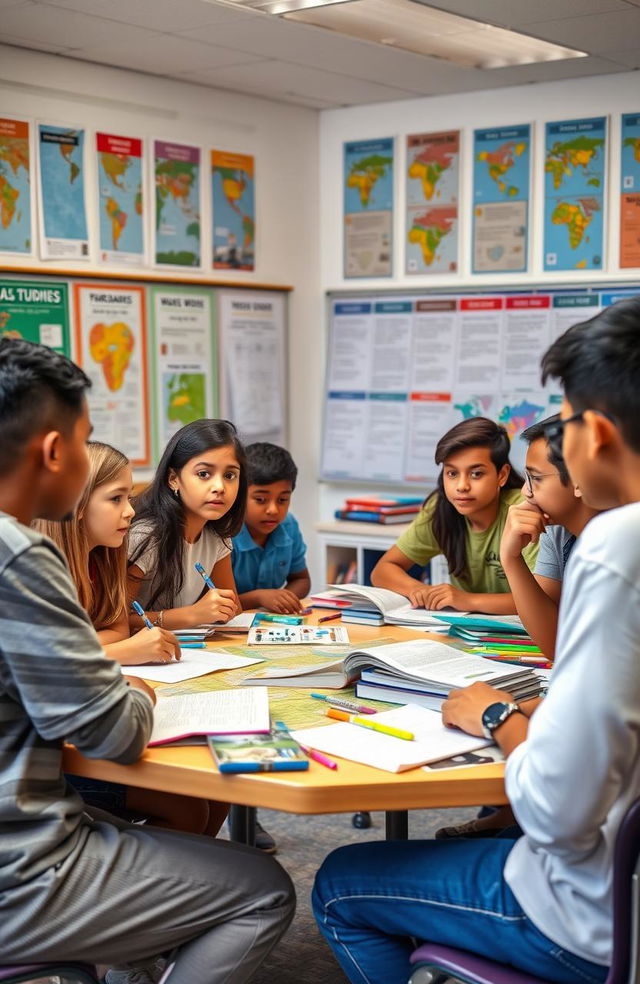 A captivating classroom scene showcasing students engrossed in a group project for SST (Social Studies Teamwork)