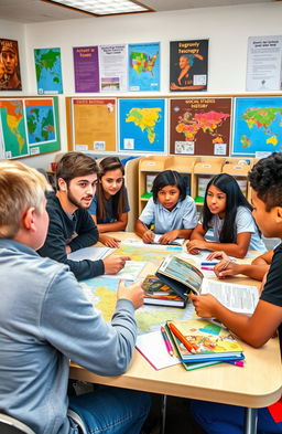 A captivating classroom scene showcasing students engrossed in a group project for SST (Social Studies Teamwork)