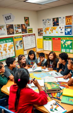 A captivating classroom scene showcasing students engrossed in a group project for SST (Social Studies Teamwork)