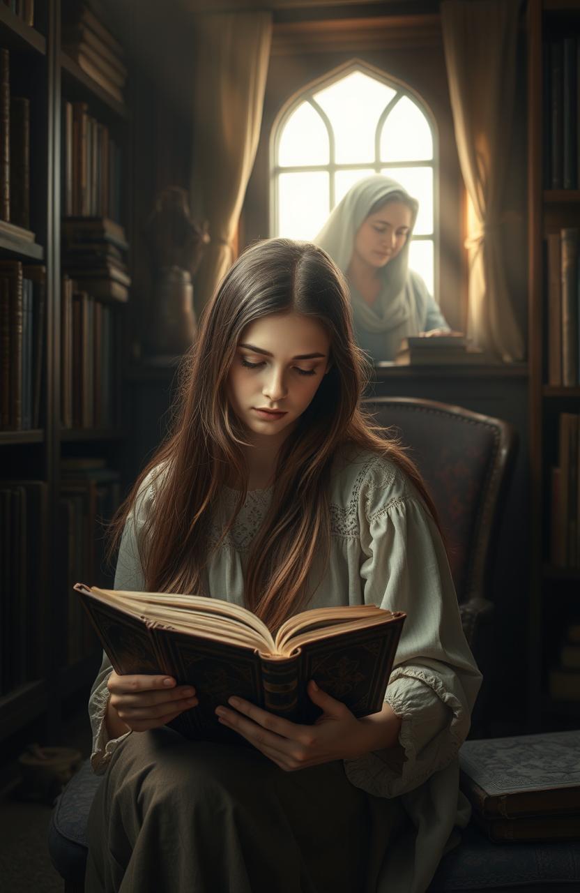 A young woman with long flowing brown hair, sitting in a cozy, dimly-lit room surrounded by shelves filled with books