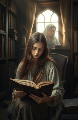 A young woman with long flowing brown hair, sitting in a cozy, dimly-lit room surrounded by shelves filled with books