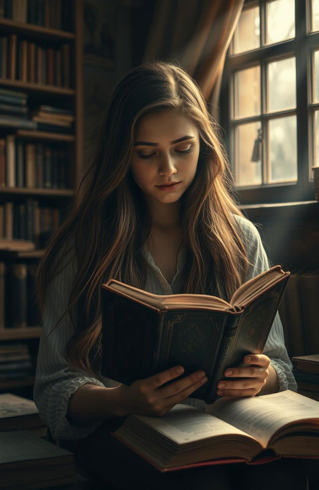 A young woman with long flowing brown hair, sitting in a cozy, dimly-lit room surrounded by shelves filled with books