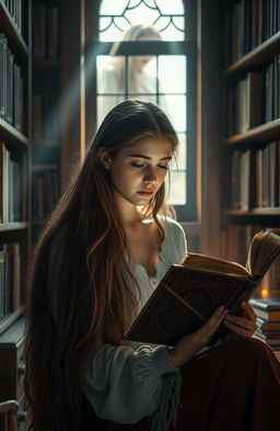 A young woman with long flowing brown hair, sitting in a cozy, dimly-lit room surrounded by shelves filled with books