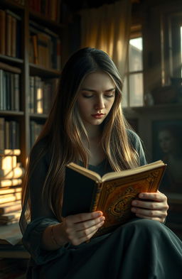 A young woman with long flowing brown hair, sitting in a cozy, dimly-lit room surrounded by shelves filled with books