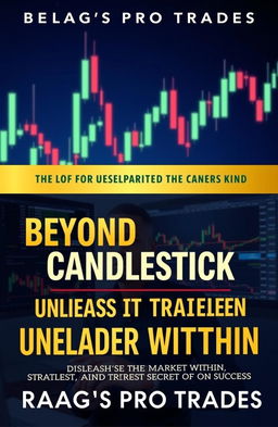 A visually striking book cover design for 'Beyond the Candlestick: Mastering the Market Mindset' and 'Unleash the Trader Within: Discipline, Strategy, and the Secrets of Success' by Raag's Pro Trades