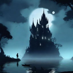 An island bathed in spook-tinted moonlight, featuring gothic-style architecture, eerie fog, and shadowy figures moving in the darkness