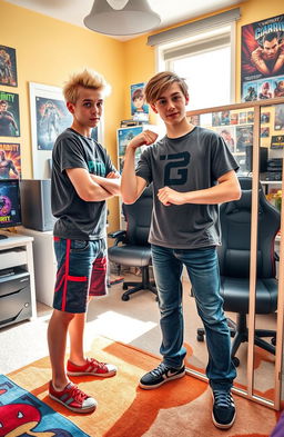 Two teenage boys who have mysteriously switched bodies, standing in a bright and colorful bedroom adorned with posters and gaming consoles