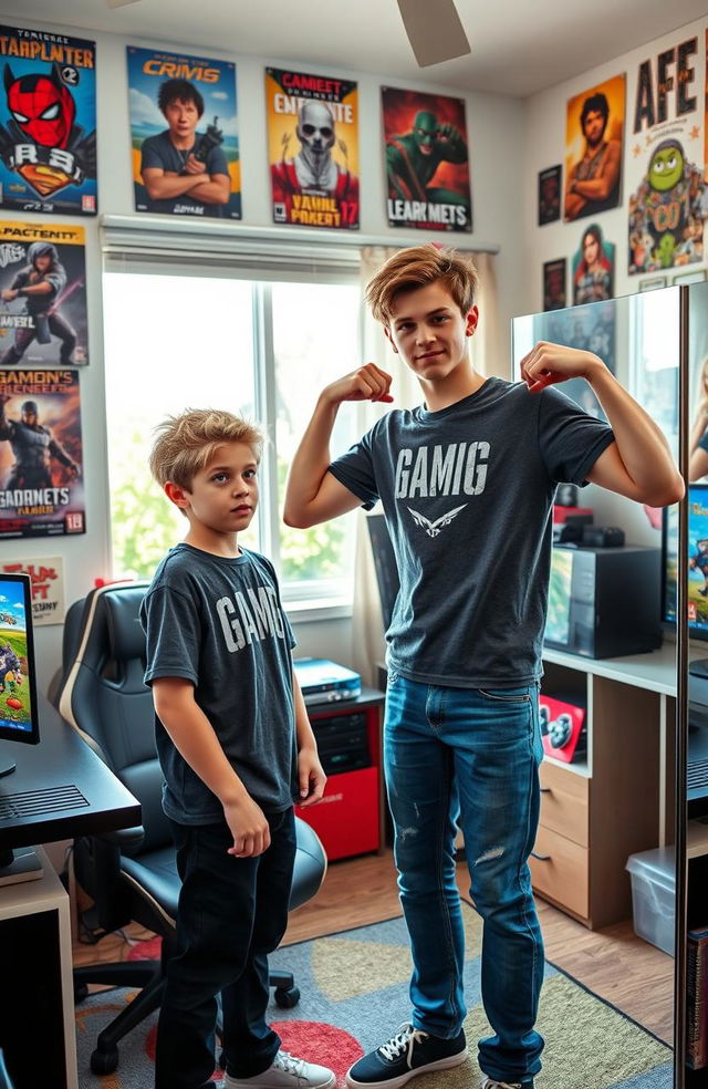 Two teenage boys who have mysteriously switched bodies, standing in a bright and colorful bedroom adorned with posters and gaming consoles