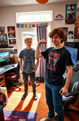Two teenage boys who have mysteriously switched bodies, standing in a bright and colorful bedroom adorned with posters and gaming consoles