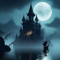 An island bathed in spook-tinted moonlight, featuring gothic-style architecture, eerie fog, and shadowy figures moving in the darkness