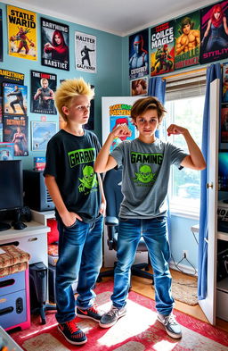 Two teenage boys who have mysteriously switched bodies, standing in a bright and colorful bedroom adorned with posters and gaming consoles