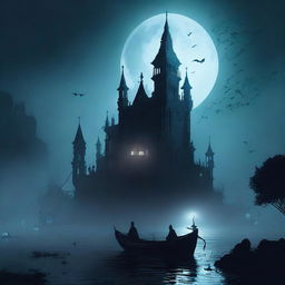 An island bathed in spook-tinted moonlight, featuring gothic-style architecture, eerie fog, and shadowy figures moving in the darkness