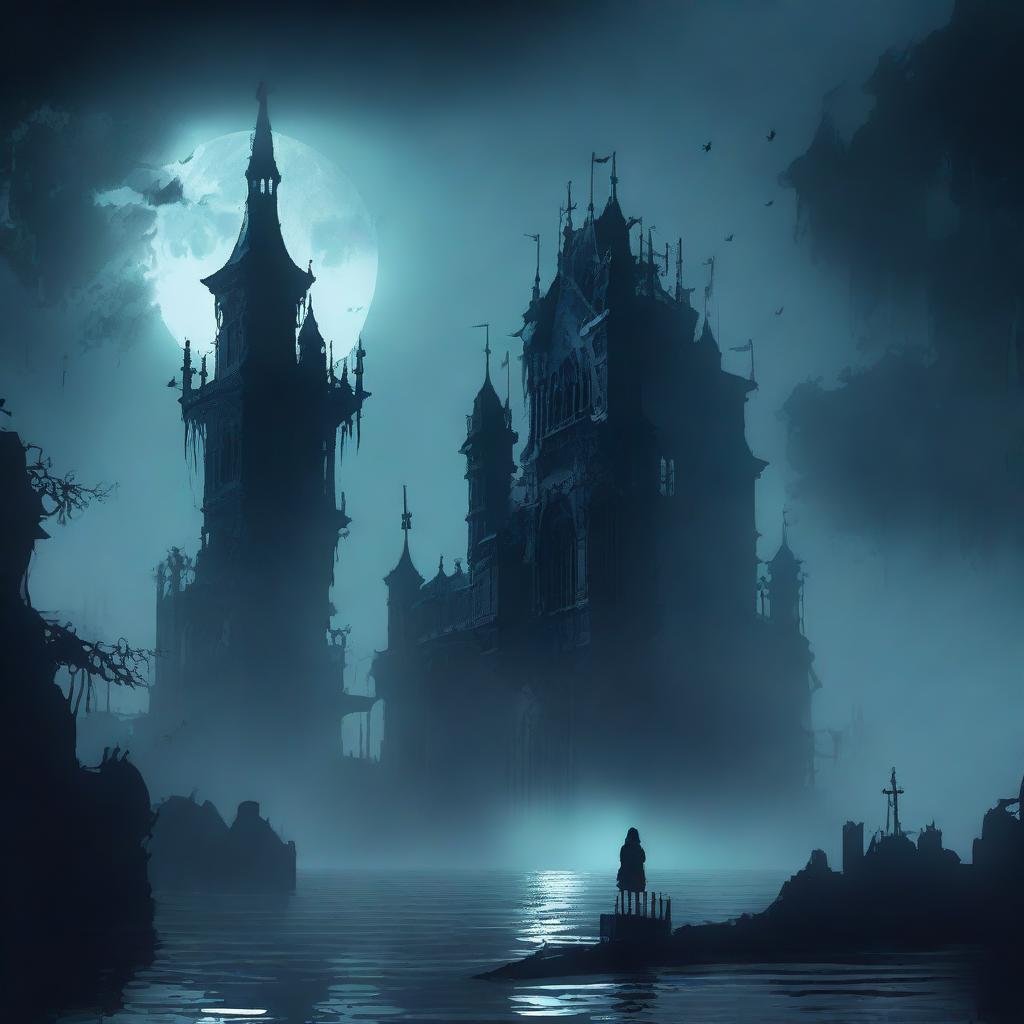 An island bathed in spook-tinted moonlight, featuring gothic-style architecture, eerie fog, and shadowy figures moving in the darkness