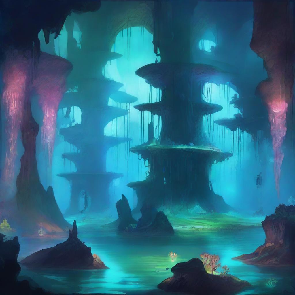 A large cavernous underground area filled with bioluminescent flora