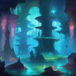 A large cavernous underground area filled with bioluminescent flora