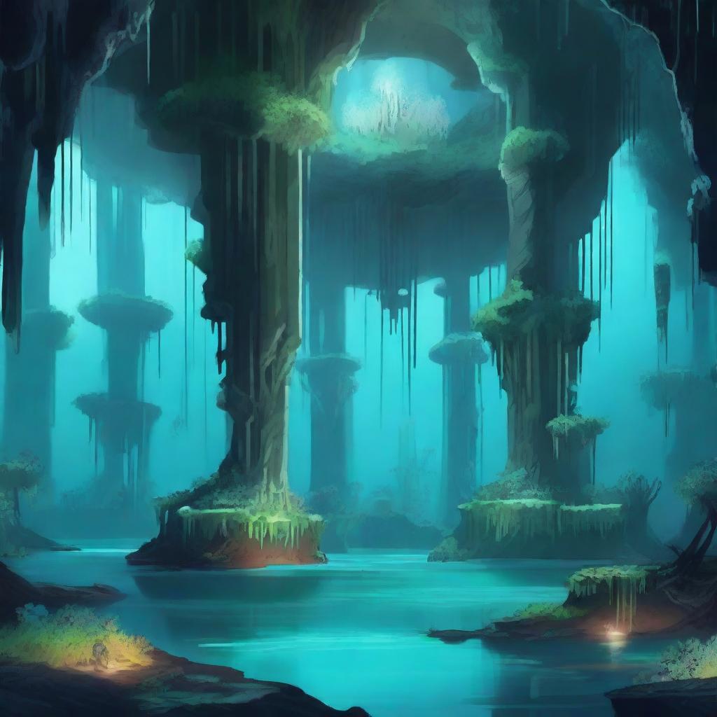 A large cavernous underground area filled with bioluminescent flora