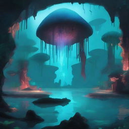 A large cavernous underground area filled with bioluminescent flora