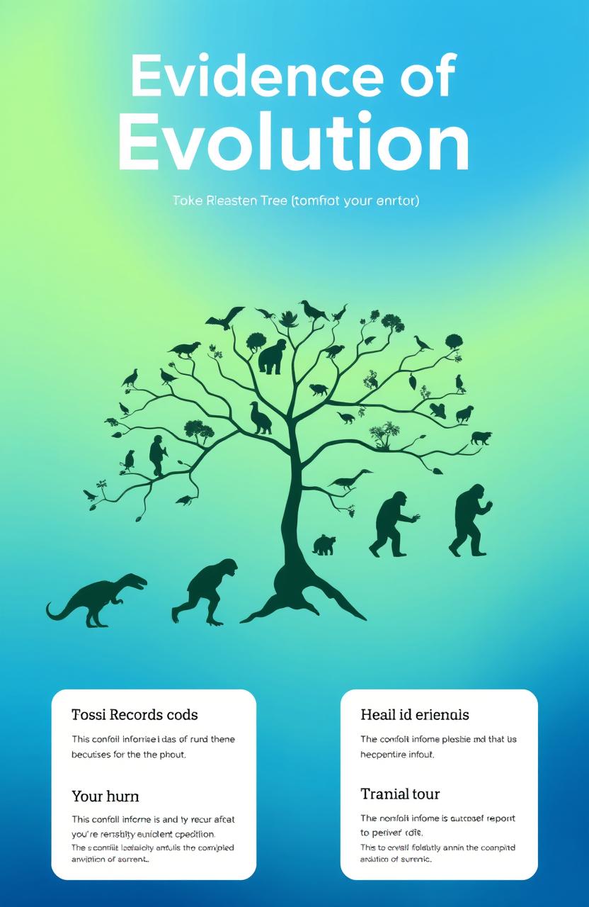 A front page design on the topic of evolution, featuring a striking visual of a branching evolutionary tree diagram to represent different species and their common ancestors