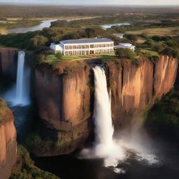 A majestic mansion perched on the edge of a cliff, overlooking the powerful and scenic Victoria Falls