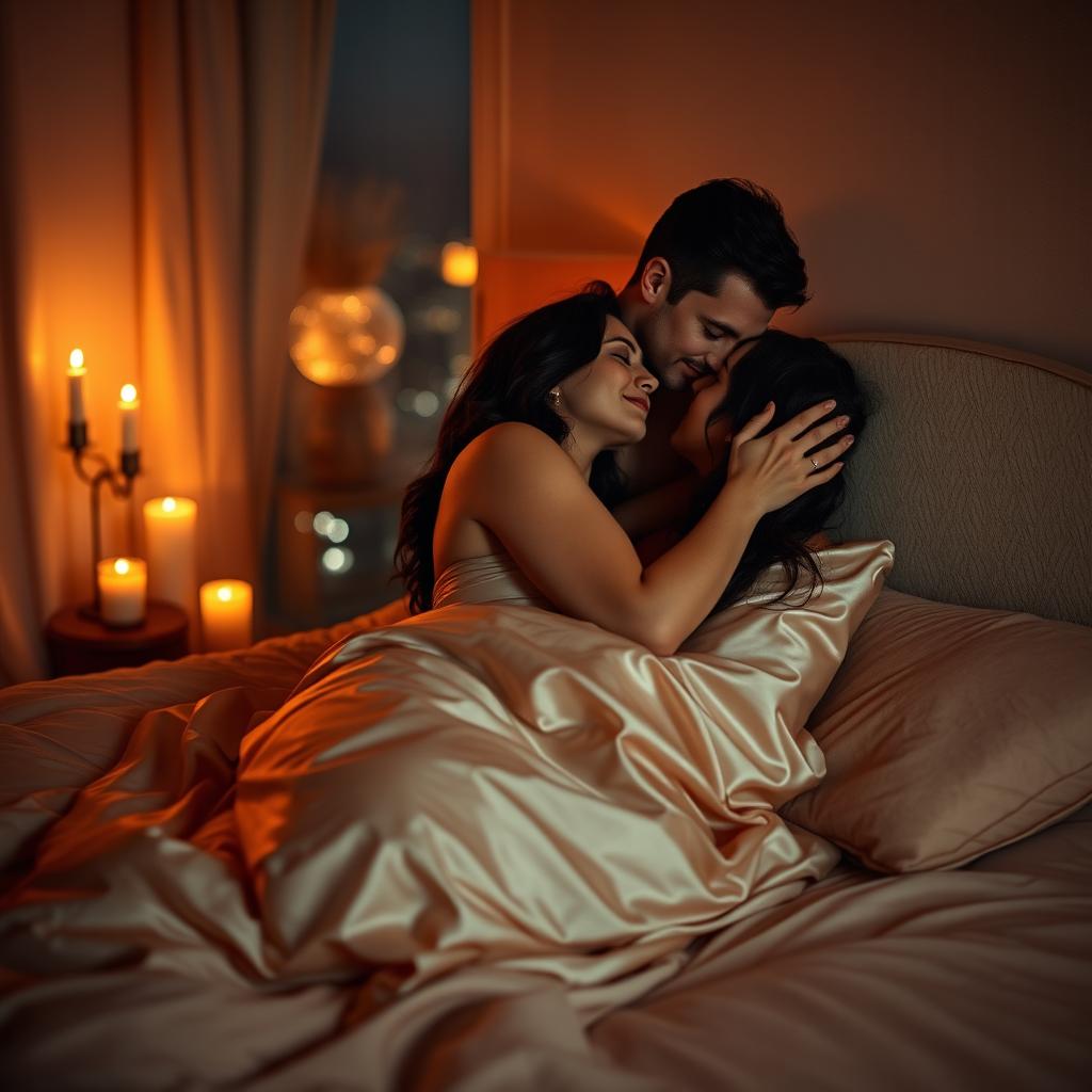 A sensual and intimate scene featuring a romantic couple, passionately embracing on a soft, plush bed in a softly lit room