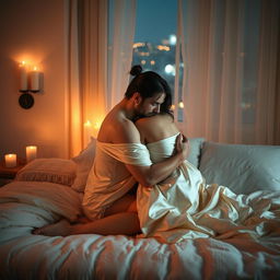 A sensual and intimate scene featuring a romantic couple, passionately embracing on a soft, plush bed in a softly lit room