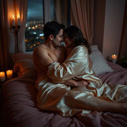 A sensual and intimate scene featuring a romantic couple, passionately embracing on a soft, plush bed in a softly lit room