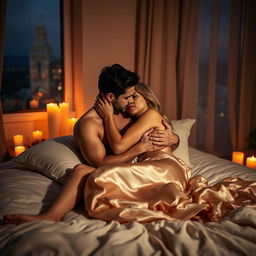 A sensual and intimate scene featuring a romantic couple, passionately embracing on a soft, plush bed in a softly lit room