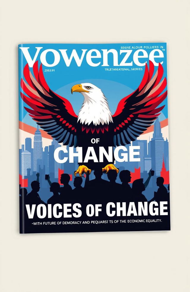 A political magazine cover showcasing a bold design featuring a stylized eagle, symbolizing strength and freedom, perched majestically against a backdrop of a diverse city skyline representing unity and progress