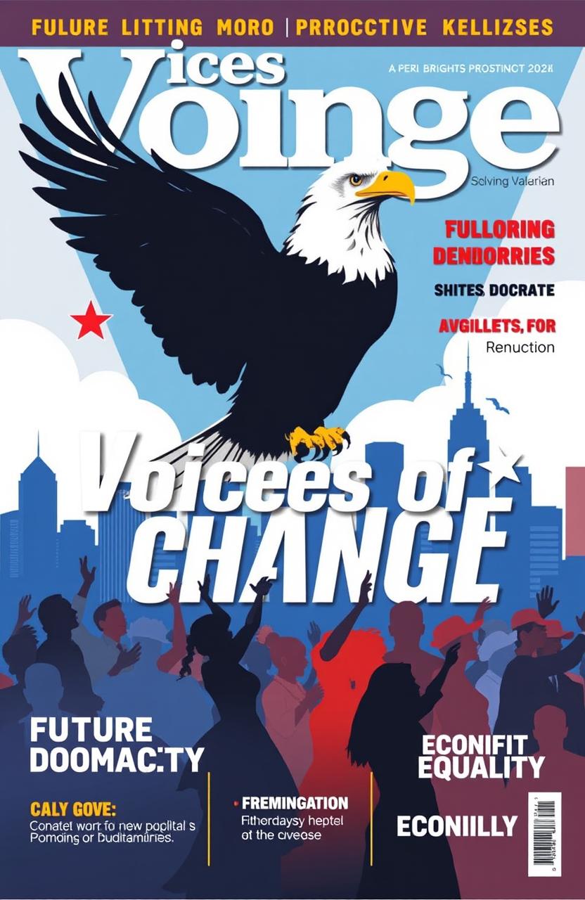 A political magazine cover showcasing a bold design featuring a stylized eagle, symbolizing strength and freedom, perched majestically against a backdrop of a diverse city skyline representing unity and progress