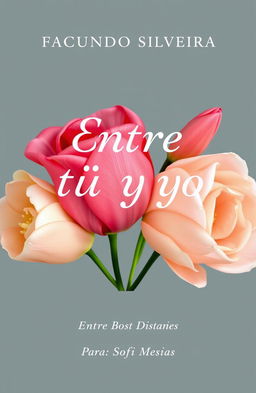 A beautiful artistic cover titled 'Entre tú y yo', featuring a composition of elegant and soft flowers inspired by the colors of a rose and tulip, blending vibrant yet discreet tones