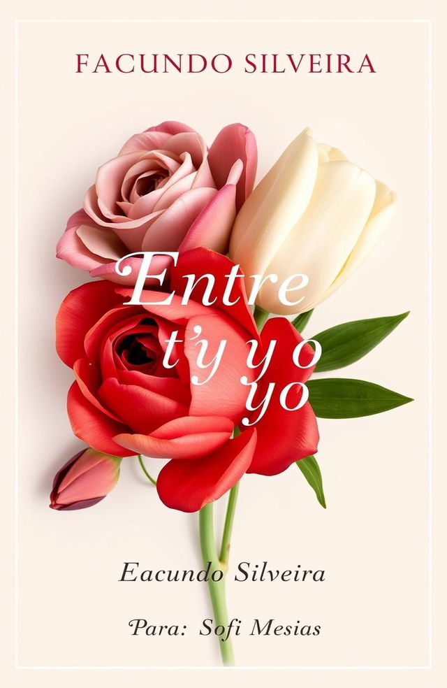 A beautiful artistic cover titled 'Entre tú y yo', featuring a composition of elegant and soft flowers inspired by the colors of a rose and tulip, blending vibrant yet discreet tones