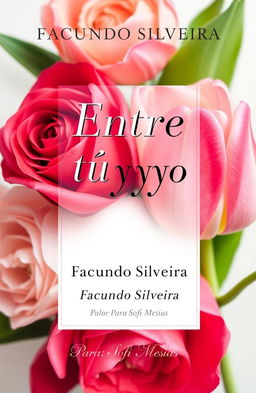 A beautiful artistic cover titled 'Entre tú y yo', featuring a composition of elegant and soft flowers inspired by the colors of a rose and tulip, blending vibrant yet discreet tones