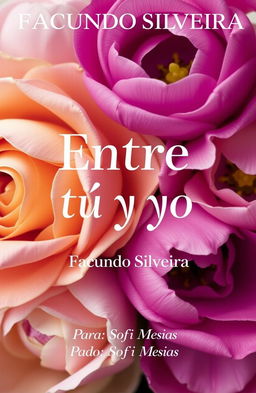 A beautiful artistic cover titled 'Entre tú y yo', featuring a composition of elegant and soft flowers inspired by the colors of a rose and tulip, blending vibrant yet discreet tones