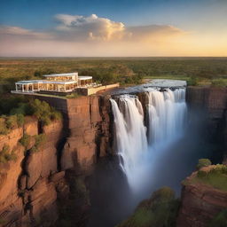 A majestic mansion perched on the edge of a cliff, overlooking the powerful and scenic Victoria Falls