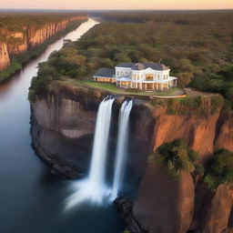 A majestic mansion perched on the edge of a cliff, overlooking the powerful and scenic Victoria Falls