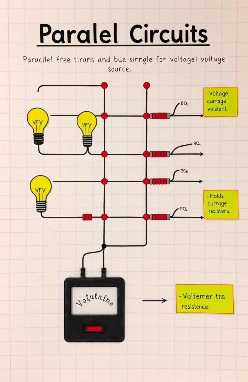 An educational illustration focusing on parallel electrical circuits, showcasing multiple branches connected to a single voltage source