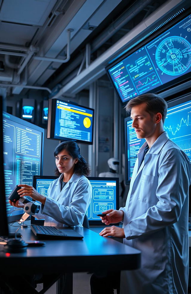 A high-tech laboratory setting with scientists analyzing data on large screens, utilizing predictive modeling and machine learning algorithms