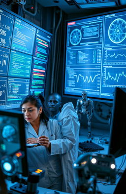 A high-tech laboratory setting with scientists analyzing data on large screens, utilizing predictive modeling and machine learning algorithms
